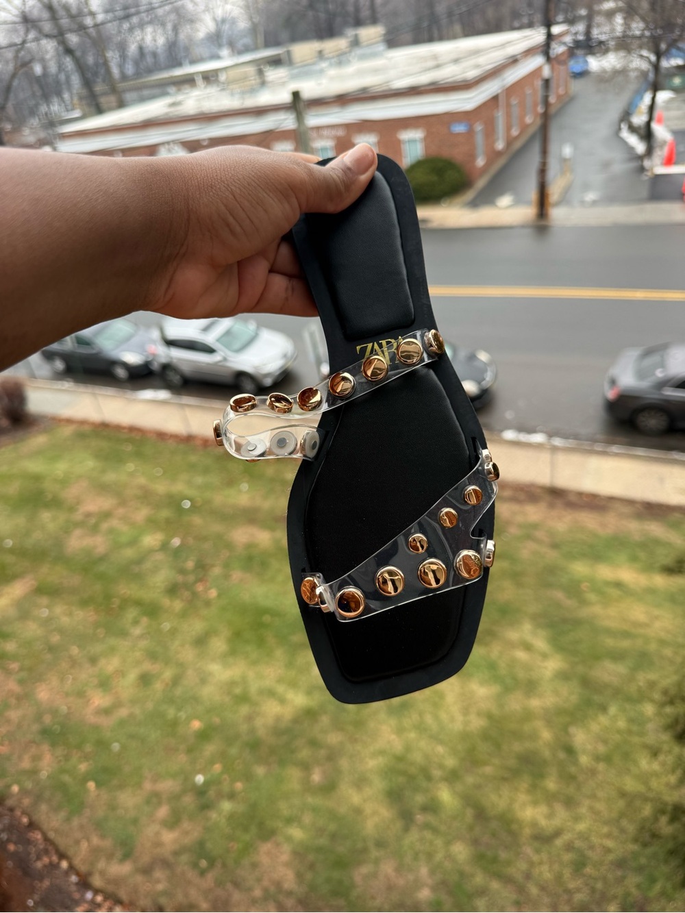 Zara Black Slide Sandal with Gold Studded Clear Straps